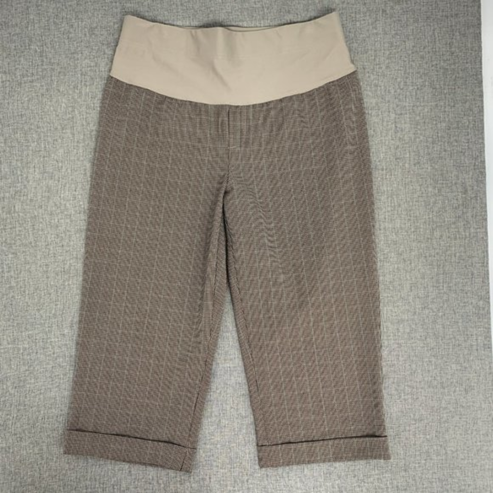 DUO Maternity Plaid Cropped Dressy Pants Medium Stretch Black Tan